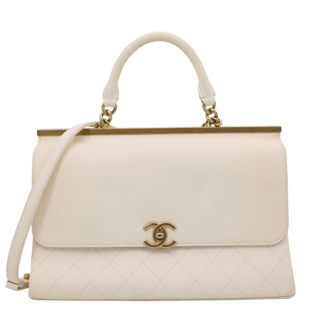 Chanel  Coco Luxe Flap Quilted Lambskin Leather Top Handle Shoulder Bag White